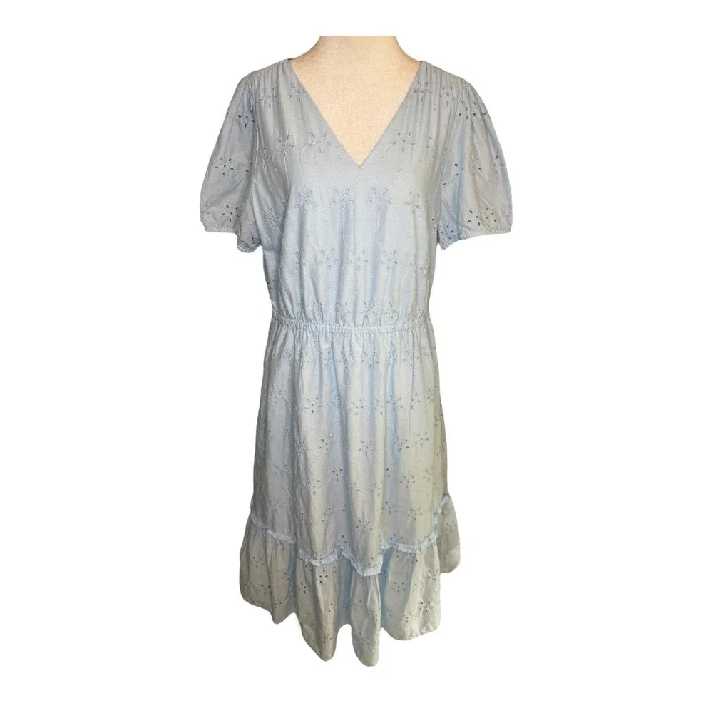 J. Crew Eyelet Dress Cotton Puff Sleeve Tiered Light Blue Size 12 Petite
